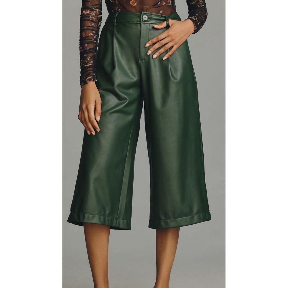 Anthropologie Pants Size 2 NWT Coulottes Faux Leather Wide Leg Dark Green‎ Crop